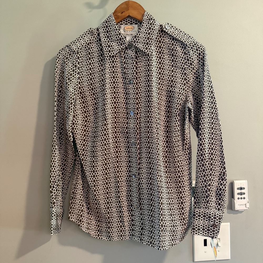 Talbots Silk Blouse Women 4P Brown White Geometric Diamond Print Epaulet Shirt